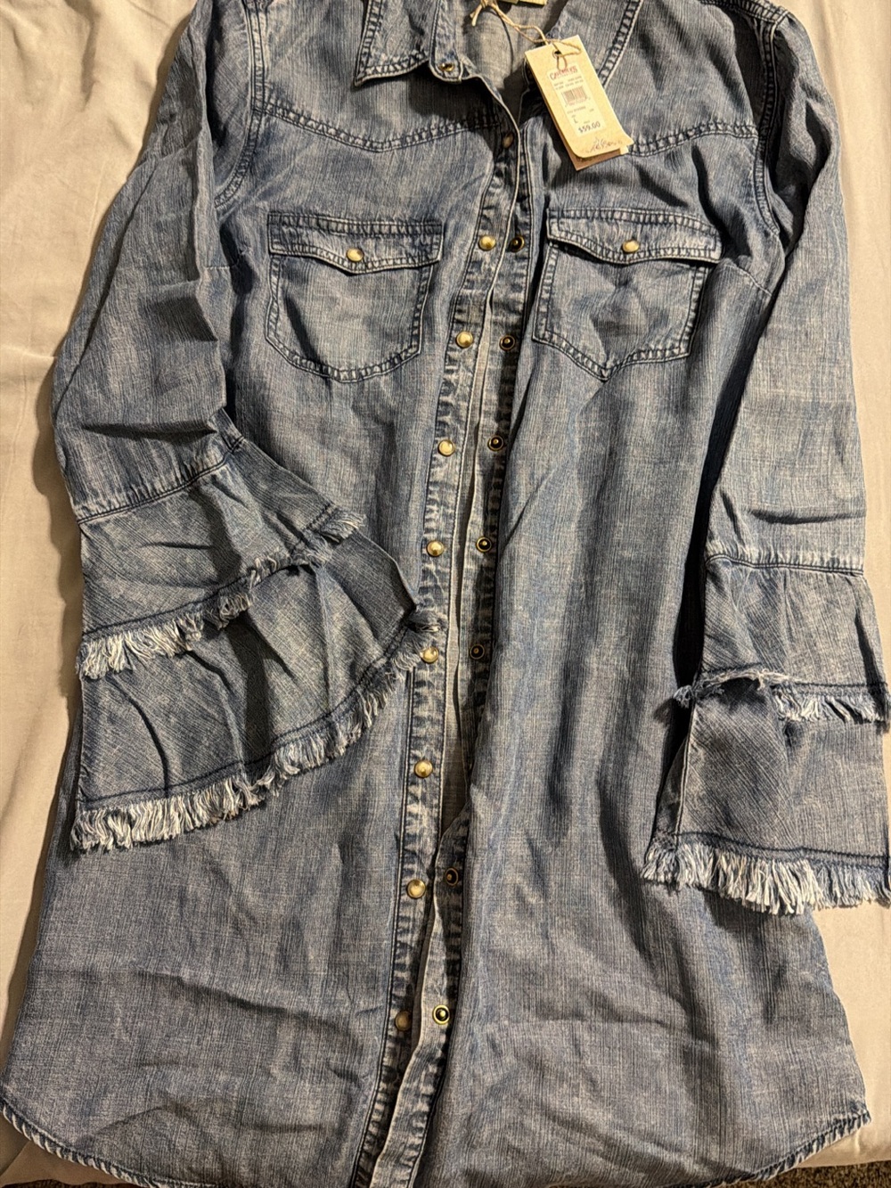 Denim Fringe Button-Front Women's Dress